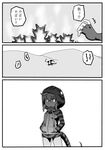  comic desert fingerless_gloves gloves godzilla godzilla_(series) greyscale highres hood hoodie kemono_friends kishida_shiki monochrome shin_godzilla tail translated tsuchinoko_(kemono_friends) 