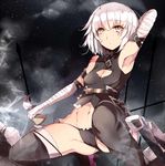  armpits bandaged_arm bandages bare_shoulders black_legwear black_panties breasts fate/apocrypha fate/grand_order fate_(series) gloves green_eyes grey_hair jack_the_ripper_(fate/apocrypha) kneeling knife navel panties scar short_hair small_breasts solo thighhighs underwear venomrobo weapon 