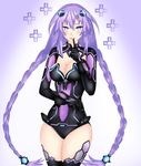  :d absurdres blue_eyes blush braid breasts cleavage commentary d-pad d-pad_hair_ornament gebyy-terar hair_ornament highres index_finger_raised leotard long_hair looking_at_viewer medium_breasts navel neptune_(series) open_mouth power_symbol purple_hair purple_heart rhapsofree smile solo symbol-shaped_pupils thighhighs twin_braids twintails very_long_hair 