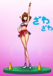  1girl ? arm_up armpits blue_eyes breasts brown_hair cheerleader chikuwa_udon crop_top female full_body gradient gradient_background hand_on_hip index_finger_raised miniskirt navel no_panties open_mouth pink_background pleated_skirt pointing pointing_up pussy shirt shoes short_hair skirt sleeveless sleeveless_shirt sneakers solo standing sweatband uncensored yasumi-chan yasumi_(yasumi-chan) 