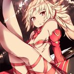  arm_up blonde_hair braid breasts detached_collar detached_sleeves fate/apocrypha fate_(series) hair_ornament highres medium_breasts midriff mordred_(fate) mordred_(fate)_(all) open_mouth ponytail red_eyes solo venomrobo 