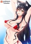 :p absurdres ahri animal_ears armpits arms_up bikini black_hair breasts cleavage collarbone covered_nipples cowboy_shot eyebrows_visible_through_hair facial_mark fox_ears fox_tail gradient gradient_background hair_between_eyes highres huge_breasts league_of_legends lips long_hair looking_at_viewer multiple_tails navel paid_reward patreon_reward patreon_username perky_breasts red_bikini side-tie_bikini sidelocks simple_background solo string_bikini swimsuit tail tofuubear tongue tongue_out tsurime underboob very_long_hair wet wet_hair whisker_markings yellow_eyes 
