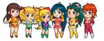  70s blonde_hair blue_eyes boots brown_hair character_request chibi choudenji_machine_voltes_v choudenji_robo_combattler_v copyright_request gloves green_hair kamikita_keiko long_hair multiple_girls muteki_choujin_zambot_3 nanbara_chizuru oka_megumi red_hair short_hair zen_and_retro 