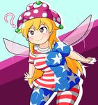  ? al_bhed_eyes american_flag_dress american_flag_legwear belly blonde_hair blush breasts clownpiece covered_navel dress fairy_wings flapping long_hair manorea medium_breasts pantyhose plump purple_eyes short_dress smile solo striped striped_dress striped_legwear thighs touhou very_long_hair wings 