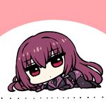  1girl bangs black_bodysuit bodysuit chan_co chibi closed_mouth commentary_request eyebrows_visible_through_hair fate/grand_order fate_(series) full_body hair_between_eyes long_hair looking_at_viewer lying on_stomach purple_eyes purple_hair scathach_(fate)_(all) scathach_(fate/grand_order) solo 