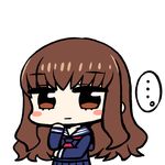  1girl bangs blue_sailor_collar blue_shirt blue_skirt blush_stickers brown_eyes brown_hair chan_co chibi closed_mouth eyebrows_visible_through_hair fate/extra fate_(series) hand_on_own_chin kishinami_hakuno_(female) long_hair long_sleeves looking_at_viewer pleated_skirt red_neckwear sailor_collar school_uniform serafuku shirt simple_background skirt solo spoken_ellipsis standing tsukumihara_academy_uniform_(fate/extra_ccc) white_background 
