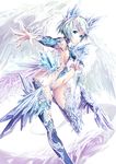  blue_eyes breasts cleavage commentary_request fantasy highres ice jizero looking_at_viewer medium_breasts midriff monster_girl original short_hair solo underboob white_hair 