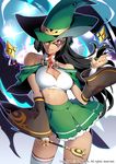 black_hair breasts copyright_name hat looking_at_viewer makio00 mask medium_breasts one_eye_covered red_eyes sid_story skirt solo thighhighs wand witch_hat wizard wizard_hat 
