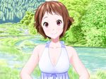  brown_hair dress hyouka ibara_mayaka looking_at_viewer purple_eyes short_hair smile solo standing t-3_design upper_body water white_dress 