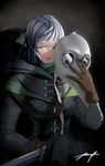  darkest_dungeon gloves green_eyes houtachi knife looking_at_viewer mask mask_removed plague_doctor plague_doctor_(darkest_dungeon) silver_hair solo 