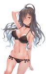  ahoge arm_at_side arm_up armpits ass_visible_through_thighs black_bra black_panties bra breasts brown_eyes brown_hair choker cleavage cross cross_necklace dutch_angle hair_over_one_eye hand_behind_head jewelry kono_subarashii_sekai_ni_shukufuku_wo! long_hair looking_at_viewer medium_breasts navel necklace panties parted_lips ritsuki simple_background solo triangle_mouth underwear underwear_only white_background wiz_(konosuba) 