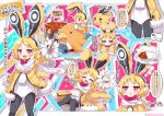  1girl :d absurdres animal_ears black_hairband black_legwear blonde_hair bow bowtie bright_pupils bunny_ears chestnut_mouth covered_navel curry disgaea eyes_closed food hairband highres imagining jitome leotard makai_senki_disgaea_5 multiple_persona open_mouth pantyhose plate pot prinny red_bow red_eyes scarf short_hair smile spoon sweatdrop translation_request usalia_(disgaea) white_leotard white_scarf yellow_coat yuya090602 