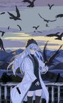  absurdres animal bird black_legwear coat crow flock hat highres kogecha_(coge_ch) long_hair looking_at_viewer mountain original outdoors silver_hair smile thighhighs winter_clothes yellow_eyes 