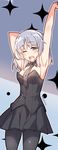  armpits arms_up black_dress black_legwear black_neckwear blush breasts cowboy_shot detached_collar dress green_eyes half-closed_eye highres legs_apart looking_at_viewer medium_hair necktie one_eye_closed pantyhose sanya_v_litvyak sidelocks silver_hair small_breasts solo sparkle standing strapless strapless_dress stretch strike_witches sweat tears tilt-shift twitter_username two-tone_background waking_up world_witches_series yawning 