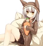  animal_ears animal_hat bed_sheet blush bow brown_eyes brown_hat brown_shirt brown_shorts bunny_ears bunny_hat closed_mouth collared_shirt frilled_shirt frilled_shorts frills grey_hair hat holding_stuffed_toy jitome long_hair long_sleeves looking_at_viewer orange_bow original pillow reclining shirt shorts sleeves_past_wrists solo stuffed_carrot stuffed_toy white_hair yuuhagi_(amaretto-no-natsu) 