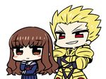  &gt;:) 1girl armor bangs blonde_hair blue_sailor_collar blue_shirt blue_skirt blush_stickers breastplate brown_eyes brown_hair chan_co chibi closed_mouth crossed_arms earrings eyebrows_visible_through_hair fate/extra fate_(series) faulds gauntlets gilgamesh grin hand_on_own_chin jewelry kishinami_hakuno_(female) long_hair long_sleeves looking_at_viewer pauldrons pleated_skirt red_eyes red_neckwear sailor_collar school_uniform serafuku shirt simple_background skirt smile spiked_hair standing tsukumihara_academy_uniform_(fate/extra_ccc) v-shaped_eyebrows white_background 