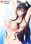  :p absurdres ahri animal_ears armpits arms_up black_hair breasts collarbone cowboy_shot eyebrows_visible_through_hair facial_mark fox_ears fox_tail gradient gradient_background hair_between_eyes highres huge_breasts league_of_legends lips long_hair looking_at_viewer multiple_tails navel nipples nude paid_reward patreon_reward patreon_username perky_breasts sidelocks simple_background solo tail tofuubear tongue tongue_out tsurime very_long_hair wet wet_hair whisker_markings yellow_eyes 