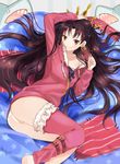  &gt;:) ass asymmetrical_legwear bangs barefoot blush brown_eyes brown_hair closed_mouth commentary crown earrings fate/grand_order fate_(series) fur_trim hand_on_own_head highres hood hoodie hoop_earrings ishtar_(fate/grand_order) jewelry leg_belt long_hair long_legs looking_at_viewer lying mochii off_shoulder on_side panties pink_hoodie shark single_thighhigh smile solo thighhighs two_side_up underwear v-shaped_eyebrows white_panties 