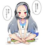  :d alternate_costume bare_arms bare_legs bare_shoulders barefoot black_hair blue_shirt blush body_blush collarbone condensation cup dot_nose drink empty_eyes eyebrows eyelashes fingernails flat_chest forehead full_body giant_penguin_(kemono_friends) gradient gradient_clothes gradient_hair grey_hair headphones ice ice_cube jewelry kanimura_ebio kemono_friends long_hair looking_at_viewer miniskirt multicolored multicolored_clothes multicolored_hair multicolored_shirt nail_polish necklace open_mouth pink_eyes pleated_skirt purple_shirt shiny shiny_hair shirt sidelocks single_hair_intake sitting skirt smile solo speech_bubble straight_hair sweat talking tank_top text_focus thick_eyebrows tongue translated tsurime v_arms very_long_hair white_nails white_shirt white_skirt 