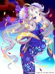  autumn autumn_leaves bag clock copyright_name floral_print flower hair_flower hair_ornament highres japanese_clothes kimono leaf long_hair makio00 maple_leaf moon moriarty_(sid_story) night night_sky purple_eyes sid_story silver_hair sky solo 