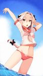  arms_up ass_visible_through_thighs astolfo_(fate) bikini black_bow bow braid breasts crop_top day dutch_angle eyebrows_visible_through_hair fang fate/apocrypha fate/grand_order fate_(series) genderswap genderswap_(mtf) hair_bow hair_intakes highres long_hair multicolored_hair navel open_mouth outdoors pink_bikini pink_hair purple_eyes red_sailor_collar sailor_collar school_uniform see-through serafuku single_braid small_breasts solo sonzai_soumei streaked_hair swimsuit very_long_hair wading water wet wet_clothes 