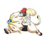  backpack bag beanie black_hair blonde_hair blush_stickers chibi from_side gen_7_pokemon green_eyes green_shorts hat lillie_(pokemon) long_hair mizuki_(pokemon) multiple_girls multiple_riders open_mouth pokemon pokemon_(creature) pokemon_(game) pokemon_sm ponytail pukiko red_hat riding shirt short_hair short_sleeves shorts simple_background skirt solgaleo tied_shirt white_background white_shirt white_skirt 