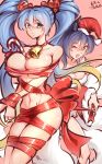  2girls ahri animal_ears aqua_hair bare_shoulders bdsm black_hair blue_hair bondage bound braid breasts christmas cleavage fangs fox_ears fox_tail hat large_breasts league_of_legends long_hair multiple_girls nude santa_hat sona_buvelle tail thighhighs tied_hair twintails xia_siren 