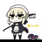  :&lt; artoria_pendragon_(all) artoria_pendragon_(swimsuit_rider_alter) bikini black_jacket blonde_hair breasts broom chan_co chibi cleavage closed_mouth commentary fate/grand_order fate_(series) garters ground_vehicle gun hair_between_eyes handgun holding holding_broom holding_gun holding_weapon jacket jitome legs_apart long_sleeves looking_at_viewer maid maid_bikini maid_headdress medium_breasts motor_vehicle motorcycle navel over_shoulder pistol simple_background solo standing swimsuit thighhighs v-shaped_eyebrows weapon white_background yellow_eyes 