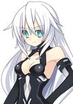 black_gloves black_heart blue_eyes breasts choujigen_game_neptune cleavage cleavage_cutout collarbone elbow_gloves eyebrows_visible_through_hair gloves hair_between_eyes hand_on_hip long_hair looking_at_viewer meimu_(infinity) neptune_(series) silver_hair simple_background small_breasts smile solo upper_body white_background 