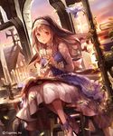  :d bird book boots brown_hair candle dress eyebrows_visible_through_hair floating_hair high_heel_boots high_heels liiko long_hair nun open_book open_mouth pinafore_dress red_eyes shingeki_no_bahamut sitting smile solo white_dress white_footwear 