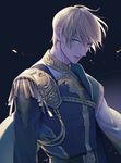  amg_(nwmnmllf) armor bad_id bad_pixiv_id belt blonde_hair blue_eyes cape closed_mouth commentary_request long_sleeves looking_at_viewer male_focus military military_uniform original signature solo sparks standing uniform upper_body 
