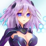  blue_eyes breasts choujigen_game_neptune cleavage cleavage_cutout eyebrows_visible_through_hair hair_between_eyes hair_ornament long_hair medium_breasts neptune_(series) open_mouth purple_hair purple_heart solo upper_body yukiru_akitera 