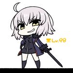  &gt;:) ahoge bangs black_dress black_legwear blue_jacket chan_co chibi commentary_request dress eyebrows_visible_through_hair fate/grand_order fate_(series) fur_trim grin hand_on_hip holding holding_sword holding_weapon jacket jeanne_d'arc_(alter)_(fate) jeanne_d'arc_(fate)_(all) kneehighs legs_apart long_sleeves looking_at_viewer simple_background smile smug solo standing sword v-shaped_eyebrows weapon white_background wicked_dragon_witch_ver._shinjuku_1999 yellow_eyes 