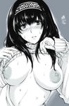  areolae bangs blush breasts commentary_request greyscale hagane_soushi hairband highres idolmaster idolmaster_cinderella_girls large_areolae large_breasts lifted_by_self long_hair looking_at_viewer monochrome nipples puffy_nipples ribbed_sweater sagisawa_fumika sketch solo sweat sweater 