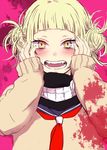  blonde_hair blood blush boku_no_hero_academia cardigan fangs hands_on_own_cheeks hands_on_own_face long_sleeves looking_at_viewer nemu_(melopenem) pink_background scarf school_uniform serafuku simple_background sleeves_past_wrists smile solo teeth toga_himiko yandere_trance yellow_eyes 