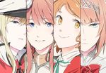  aquila_(kantai_collection) ark_royal_(kantai_collection) bangs blonde_hair blue_eyes blush bob_cut brown_hair capelet close-up closed_mouth collared_shirt column_lineup commentary eyebrows_visible_through_hair flower graf_zeppelin_(kantai_collection) green_ribbon hair_between_eyes hair_ornament hairband half-closed_eyes hat headgear kantai_collection kurozu_(hckr_96) long_hair looking_at_viewer military military_hat multiple_girls neck_ribbon orange_eyes orange_hair parted_bangs peaked_cap red_flower red_hair red_ribbon red_rose ribbon rose saratoga_(kantai_collection) shirt short_hair sidelocks smile smokestack tiara tsurime wavy_hair 