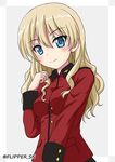  alternate_hairstyle blonde_hair blue_eyes blush closed_mouth darjeeling eyebrows_visible_through_hair flipper girls_und_panzer hair_down hand_in_hair jacket long_hair long_sleeves looking_at_viewer military military_uniform red_jacket simple_background smile solo st._gloriana's_military_uniform standing twitter_username uniform white_background 