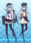  1girl anchor aqua_eyes black_legwear blush breasts cannon checkered checkered_background chikuwa_udon dual_persona female flat_cap full_body grey_hair hat hibiki_(kantai_collection) kantai_collection leg_up lifted_by_self long_hair long_sleeves looking_to_the_side machinery necktie nipples no_bra open_clothes panties panties_around_leg personification pleated_skirt pussy school_uniform serafuku shirt shirt_lift shoes skirt skirt_lift small_breasts standing standing_on_one_leg thighhighs torpedo turret uncensored 