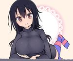  black_hair breasts brown_eyes colored_stripes cool-kyou_shinja komori-san_wa_kotowarenai! komori_shuri large_breasts long_hair looking_at_viewer lying no_shoes on_stomach smile solo striped striped_legwear sweater thighhighs turtleneck turtleneck_sweater 