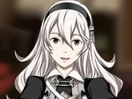  :d black_hairband brown_eyes female_my_unit_(fire_emblem_if) fire_emblem fire_emblem_if floating_hair hair_between_eyes hairband indoors long_hair looking_at_viewer misaki_izu my_room my_unit_(fire_emblem_if) open_mouth portrait silver_hair smile solo 
