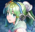  bangs bare_shoulders blue_eyes chiki eyebrows_visible_through_hair face fire_emblem fire_emblem:_monshou_no_nazo fur_trim gen'ei_ibunroku_sharp_fe green_hair hair_ornament headphones long_hair looking_at_viewer looking_to_the_side mamkute parted_lips ponytail reiesu_(reis) smile solo tiara 