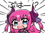  :o bangs blue_eyes blush chan_co chibi commentary elizabeth_bathory_(fate) elizabeth_bathory_(fate)_(all) emphasis_lines eyebrows_visible_through_hair fate/extra fate/extra_ccc fate_(series) horn_ornament horns long_hair looking_at_viewer nose_blush open_mouth pink_hair pointy_ears solo surprised tears translation_request white_background wide-eyed 