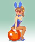  animal_ears blue_leotard blue_neckwear bow bowtie breasts brown_hair bunny_ears bunny_tail bunnysuit detached_collar detached_tail fukusuke_hachi-gou full_body gradient gradient_background green_background hair_ribbon jack-o'-lantern leotard long_hair original pantyhose ponytail red_eyes ribbon sitting small_breasts strapless strapless_leotard tail wrist_cuffs yellow_ribbon 