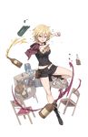  alcohol barrel beer bird blonde_hair bottle brass_knuckles bread broken_bottle chair chicken dizzy_durand food fork full_body highres knife looking_at_viewer official_art princess_principal princess_principal_game_of_mission punching ribbed_shirt shirt short_hair shorts solo soup spoon standing table transparent_background unbuttoned_pants weapon wine_bottle 