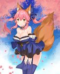  animal_ears bangs bare_shoulders black_legwear blue_dress blue_ribbon blue_sky blush breasts cherry_blossoms choker cleavage closed_mouth cloud commentary cowboy_shot dress eyebrows_visible_through_hair fate/extra fate_(series) fox_ears fox_tail hair_between_eyes hair_ribbon japanese_clothes kimono large_breasts legs_together long_hair looking_at_viewer mochii obi off_shoulder pelvic_curtain petals ribbon sash sky smile solo standing tail tamamo_(fate)_(all) tamamo_no_mae_(fate) thighhighs two_side_up wide_sleeves yellow_eyes 