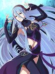  absurdly_long_hair aqua_(fire_emblem_if) asymmetrical_legwear black_dress black_gloves black_legwear black_panties blue_hair breasts brown_eyes choker cowboy_shot dress elbow_gloves fingerless_gloves fire_emblem fire_emblem_if floating_hair gloves hair_between_eyes jewelry long_hair looking_at_viewer medium_breasts necklace panties shunkaku sleeveless sleeveless_dress solo standing thigh_strap underwear very_long_hair 