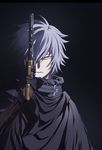  black_background black_gloves colt_1851_navy gauche_suede gloves gun hair_between_eyes handgun holding holding_gun holding_weapon looking_at_viewer male_focus mikann0206 pink_eyes revolver silver_hair simple_background solo tegami_bachi upper_body weapon 