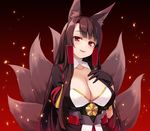  akagi_(azur_lane) animal_ears azur_lane bangs blush breasts brown_hair cleavage collarbone commentary_request eyebrows_visible_through_hair fox_ears fox_tail half-closed_eyes highres japanese_clothes kyuubi large_breasts long_hair looking_at_viewer multiple_tails open_mouth red_eyes sidelocks smile solo tail upper_body yuzu_modoki 