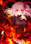  breasts dark_persona dark_sakura eclipse fate/stay_night fate_(series) fire hair_ribbon highres iroha_(shiki) large_breasts long_hair matou_sakura red_eyes ribbon smile solo tattoo turtleneck white_hair 