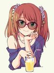  arm_support bangs blush casual chin_rest closed_mouth collarbone cup drink drinking_glass drinking_straw eyebrows_visible_through_hair frills green_eyes hair_ornament hair_scrunchie hand_on_own_chin idolmaster idolmaster_side-m jewelry lips long_hair looking_at_viewer male_focus mizushima_saki necklace off_shoulder otoko_no_ko pas_(paxiti) pearl_necklace purple_shirt red-framed_eyewear scrunchie shade shirt single_bare_shoulder smile star star_hair_ornament sunglasses twintails upper_body white_scrunchie 